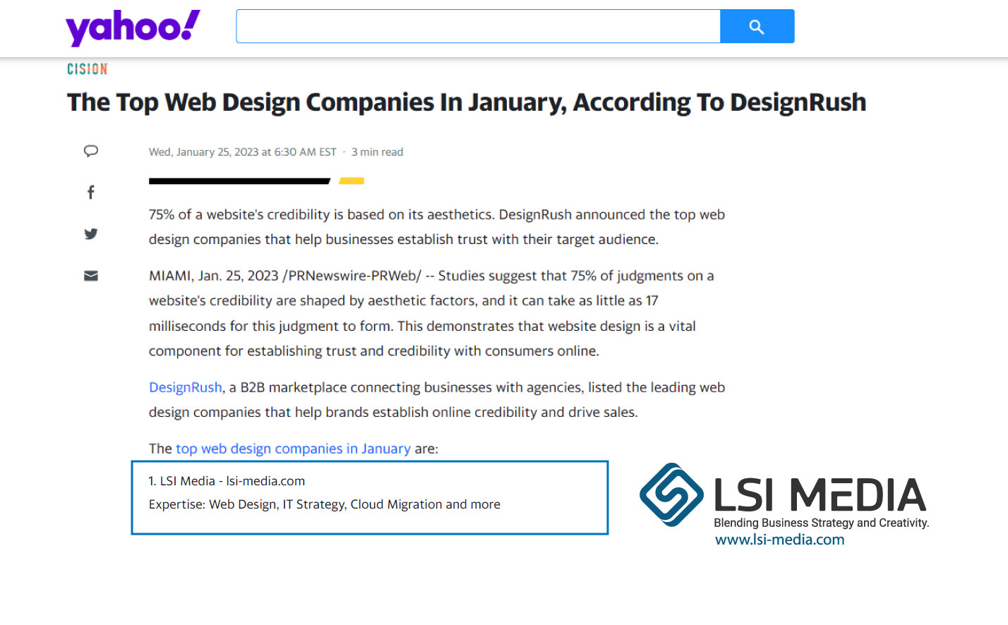Yahoo announcement of top web design companies LSI Media listed as #1 Web Design Company by DesignRush via Yahoo! LSI Media
