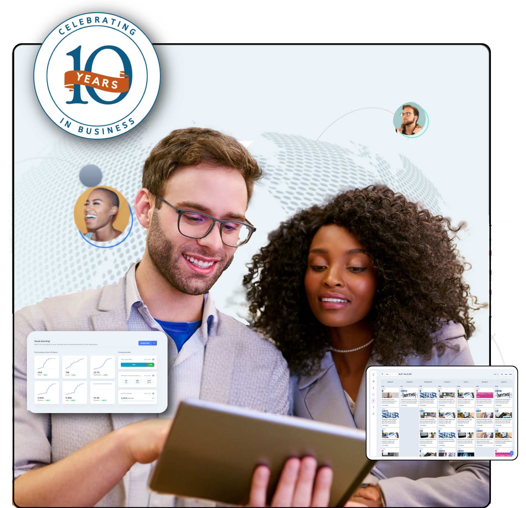A man and woman looking at and holding a tablet with an abstract globe background and small images of social media metrics and statistics floating around him.