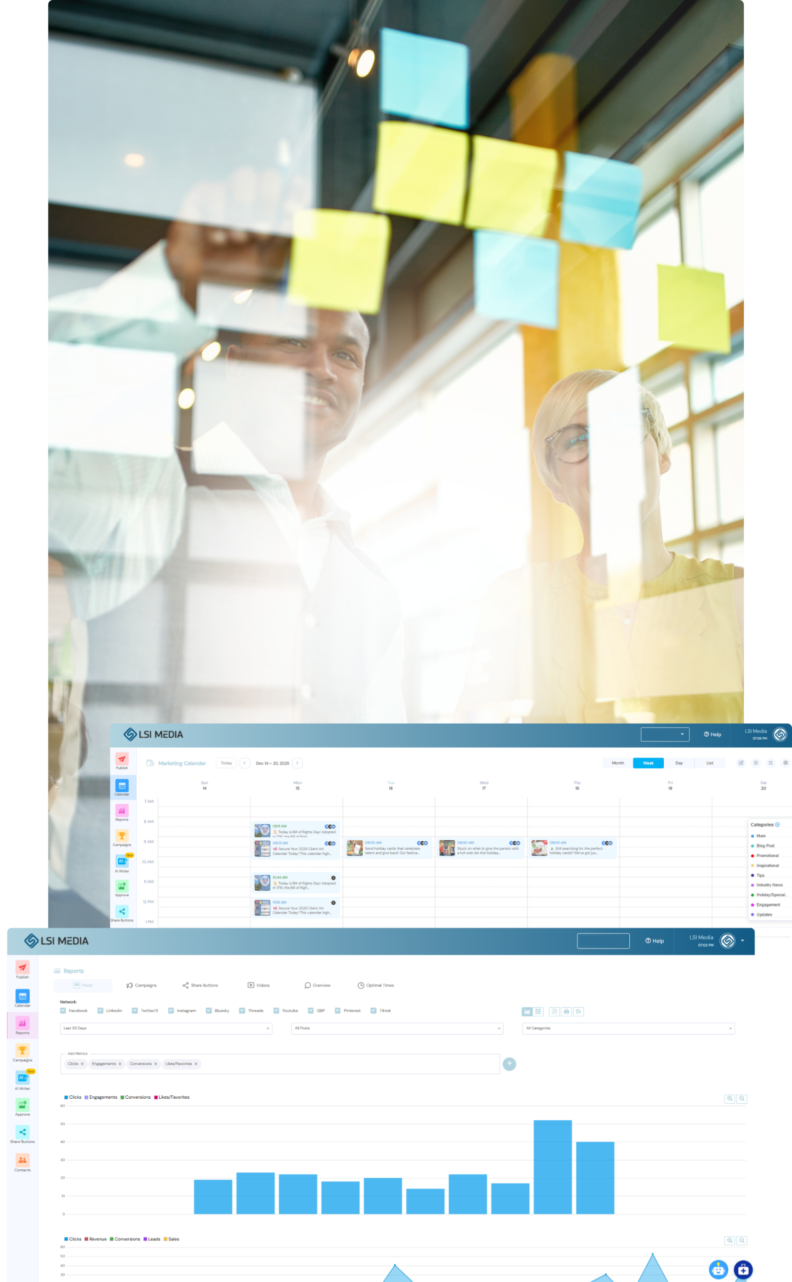 Social Media Image compilation (2) Social media planning image with stick it notes, and social media analytics screenshots