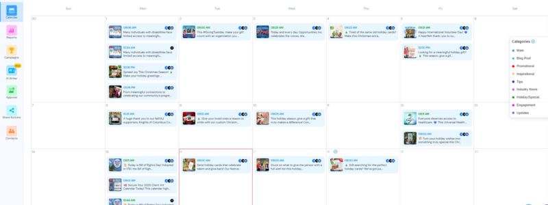 Social Media Month view Image of LSI Medias social posting calendar in calendar view