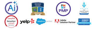 LSI-Media-awards-and-partners-2026 Image depicting logos of LSI Media's certifications and services: AI services, DHS Trusted Tester Certification, PMP Certification, , CompTIA Security+, Adobe Solution Partner, Salesforce Partners and Yelp.