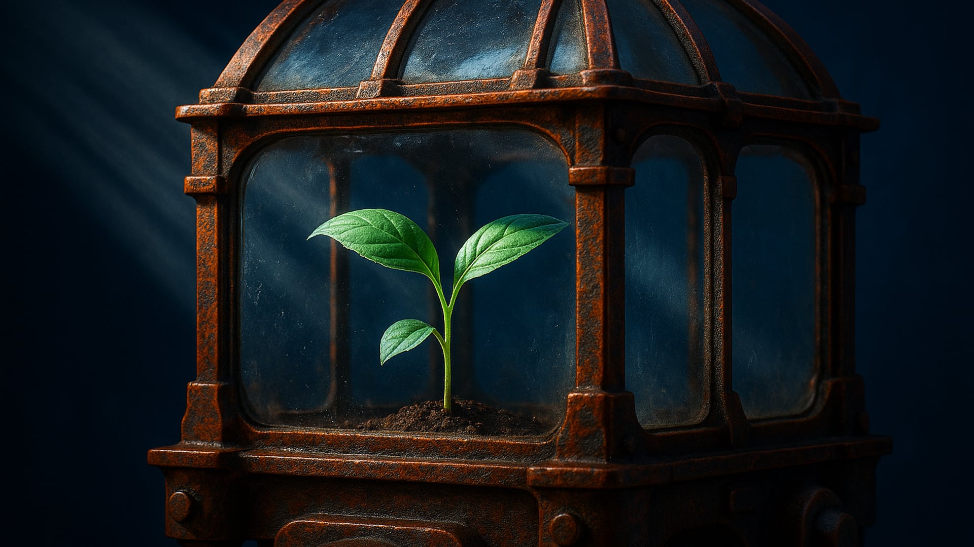 Tactile 3D rendering of a delicate, organic seedling thriving inside a robust, intricately engineered vintage brass and glass greenhouse mechanism, representing the fusion of mission-driven NGOs with