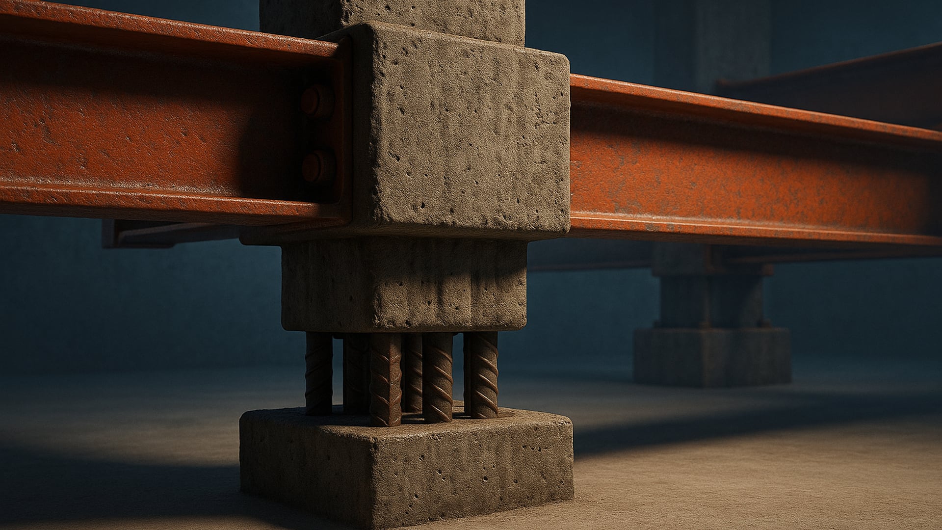 nonprofit-giving-days-website-architecture-featured Tactile 3D rendering of a heavy-duty architectural cross-section, where dense concrete pillars are actively reinforced by thick, matte burnt-orange (#c4571c) steel support beams bearing a massive